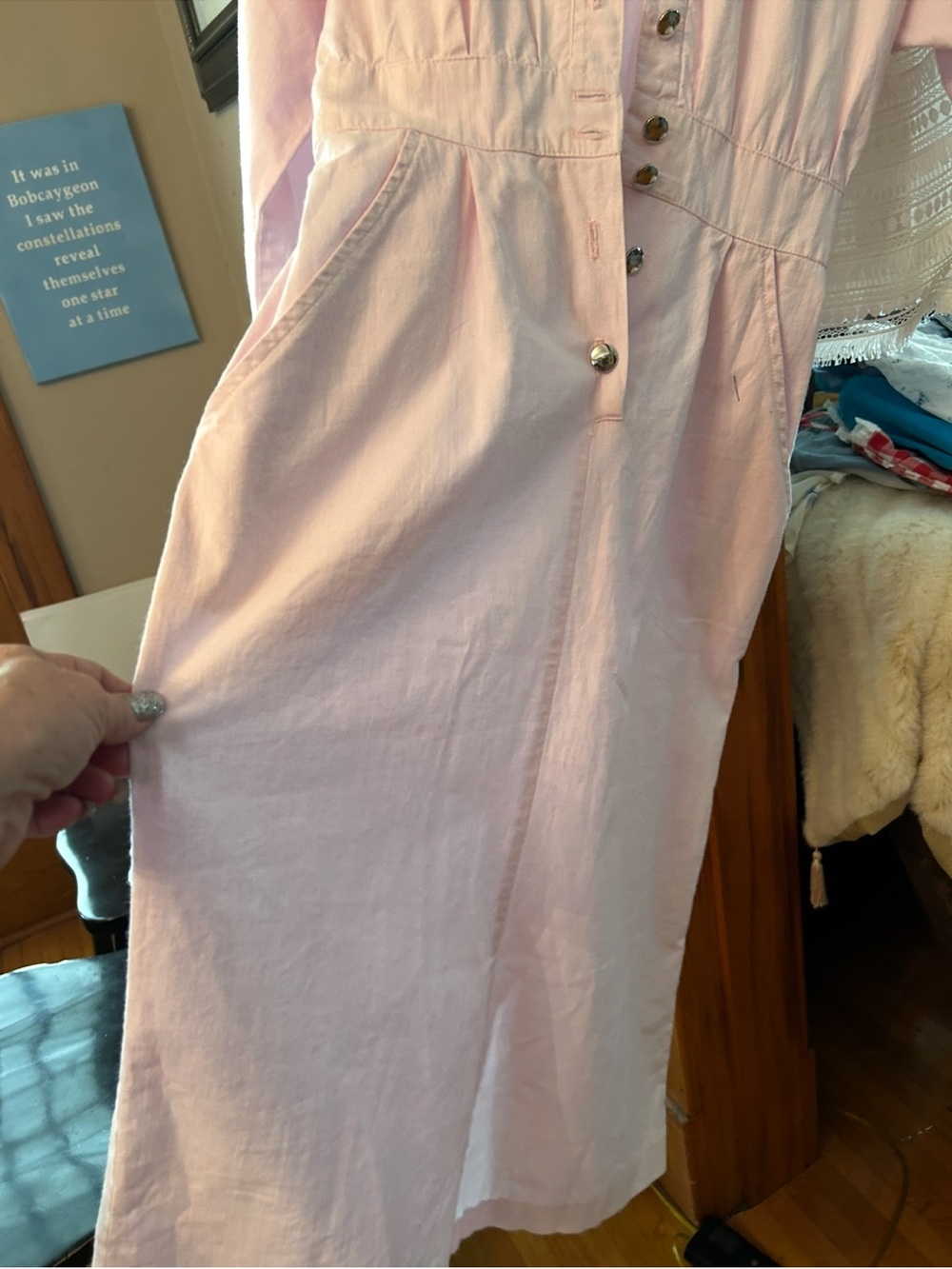 # 120  Up cycled Fringe Button-Front Shirt Dress with Lace Sleeves - Picture 5 of 11